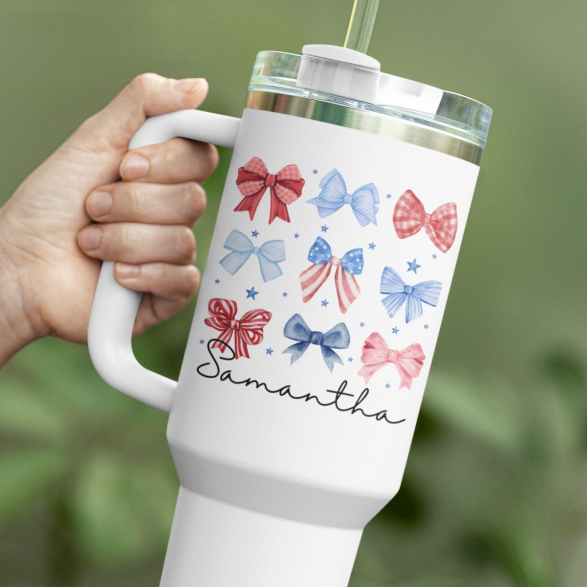 4th of July 40 oz Tumbler With Handle, Personalized July 4th USA America Patriotic Gift With Name Travel Cup, Gifts For Her