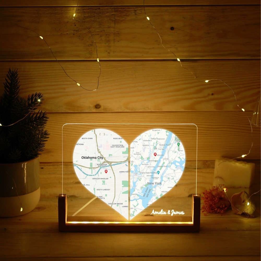 Custom Two Location Heart - Personalized Desk Name Plate - Gift Long Distance Love, Engaged Couples, Anniversary Gifts