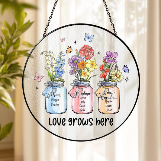 Personalized Great Grandma Gift, First Mom Now Grandma Glass Suncatcher,Custom Birth Month Flower Suncatcher, Mother's Day Gift Gift for Mom