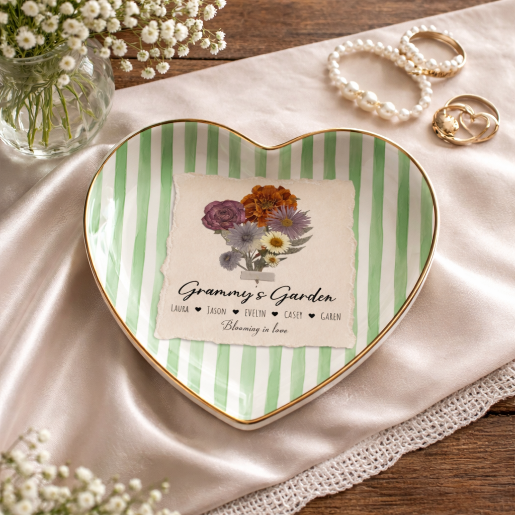 Personalized Grandma's Garden Ring Dish, Custom Birth Flower Mothers Day Gift for Mom, Family Flower Bouquet Jewelry Dish with Kids Names