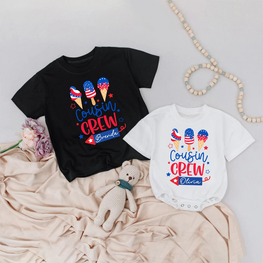 Cousin Crew Matching Shirts, 4th of July Patriotic Ice Cream Outfits, Custom Name Baby Clothes, Family Reunion Gifts