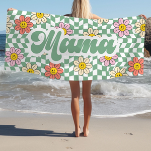 Custom Checkered Mama Beach Towel, Personalized Kids Beach Towel, Retro Checkered Daisy Towel, Gift For Mother