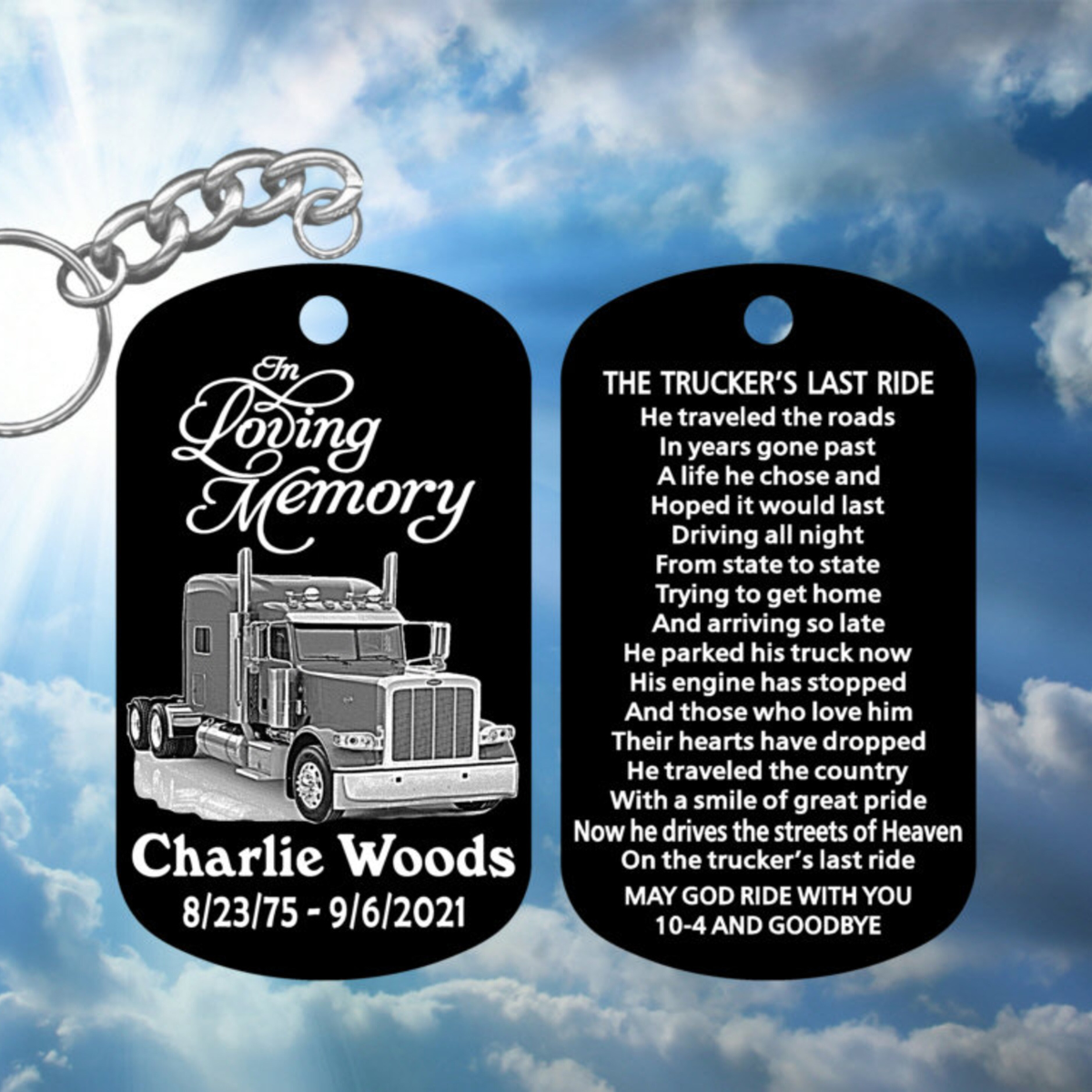 The Trucker's Last Drive, In Loving Memory Keychain with The Trucker's Last Ride Prayer, Personalized Stainless Keychain