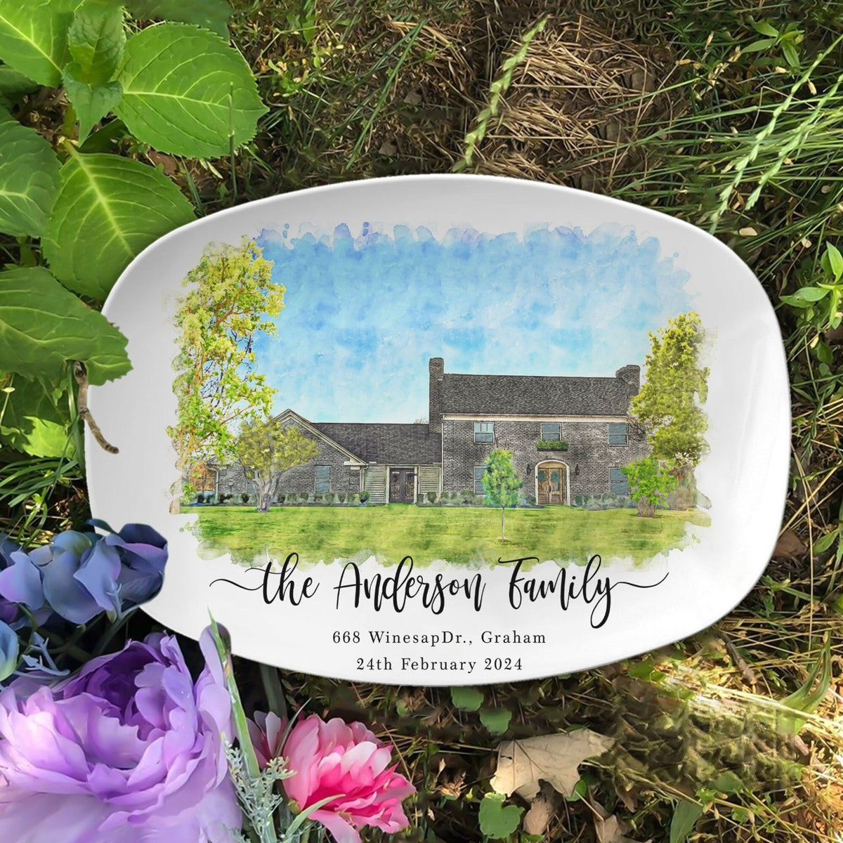 Personalized House Portrait Platter, Watercolor Effect House Painting Platter, Housewarming Gift, Realtor Closing Gift, First Home Gift