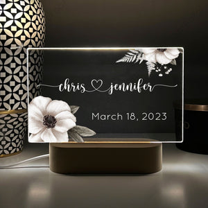 Personalized Couples Acrylic Night Light, White Flower Custom Printed, Anniversary Gift, Newlywed, Valentines, Engagement LED Nightlight