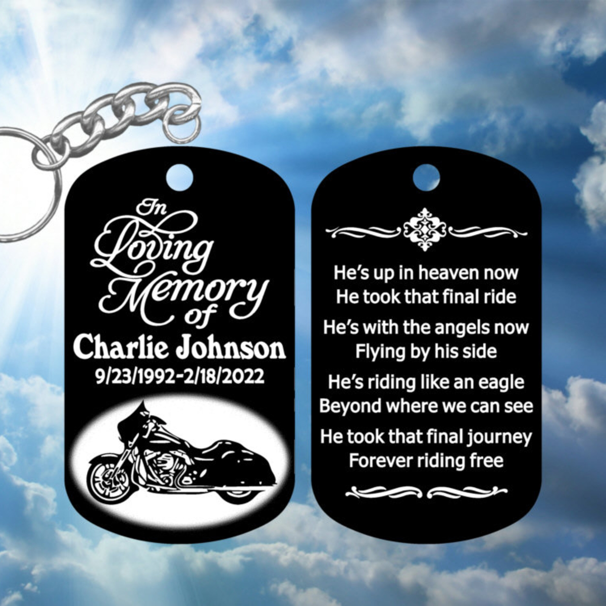 Motorcycle Remembrance Keychain, In Loving Memory with A Biker's Epitaph, Personalized Metal Keychain