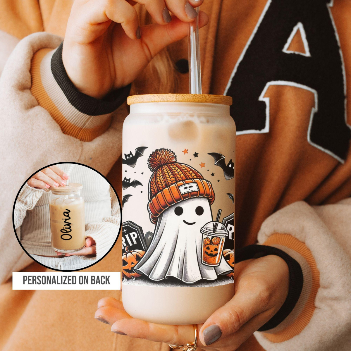 Personalized Halloween Ghost Glass Tumbler, Spooky Season Iced Coffee Glass, Gift for Halloween, Cute Ghost Coffee Cup