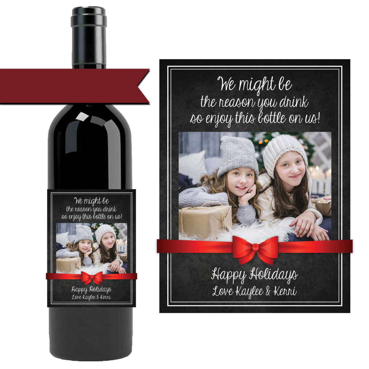 Christmas gift for parents, custom wine label holiday present from kids, we might be the reason you drink, personalized wine with photo