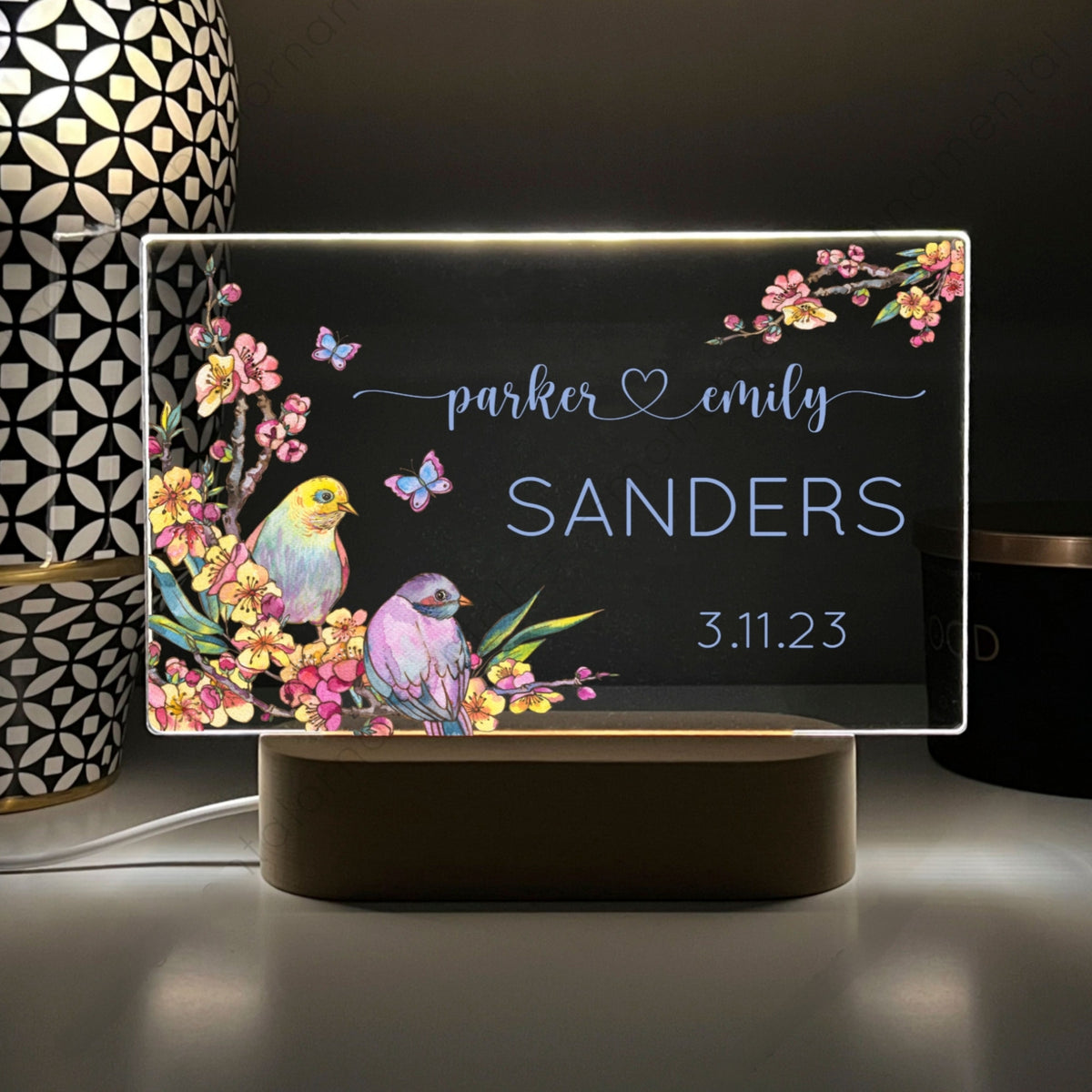 Personalized Acrylic Night Light, Custom Printed Cherry Branch, Anniversary Gift, Newlywed, Couple Gift, Engagement Present, LED Nightlight