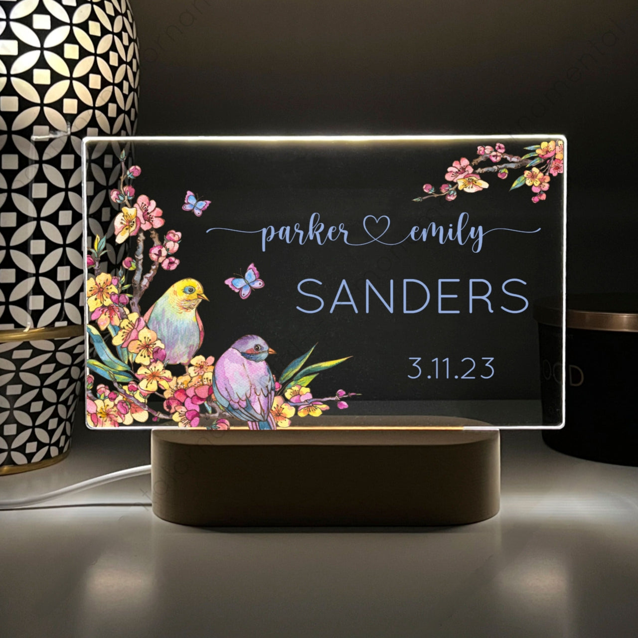 Personalized Acrylic Night Light, Custom Printed Cherry Branch, Anniversary Gift, Newlywed, Couple Gift, Engagement Present, LED Nightlight