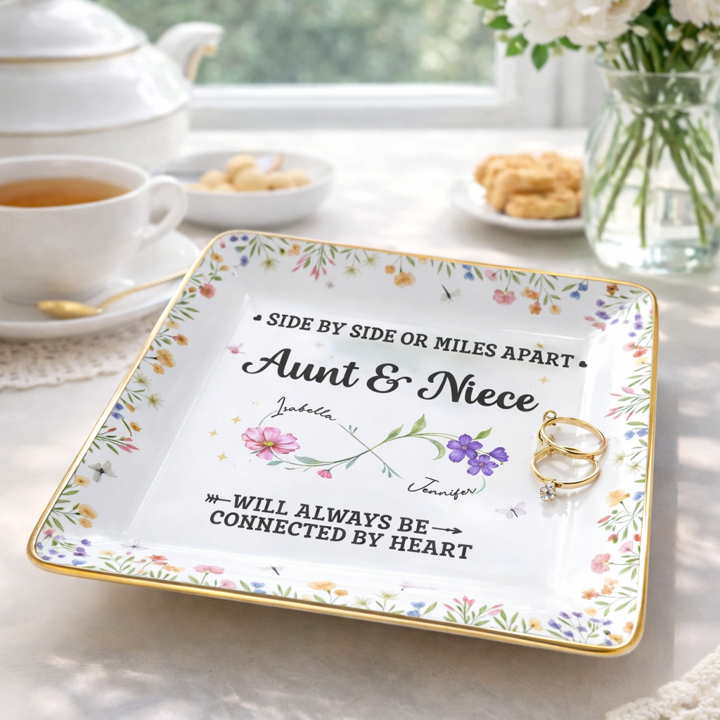 Aunt & Niece Always Be Connected By Heart, Personalized Jewelry Dish, Gift For Aunt, Mother's Day Gift