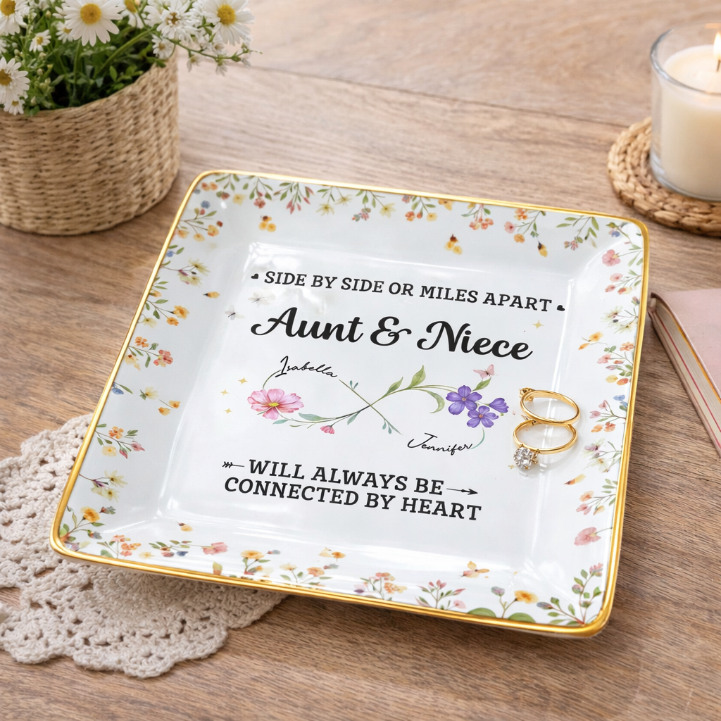 Aunt & Niece Always Be Connected By Heart, Personalized Jewelry Dish, Gift For Aunt, Mother's Day Gift