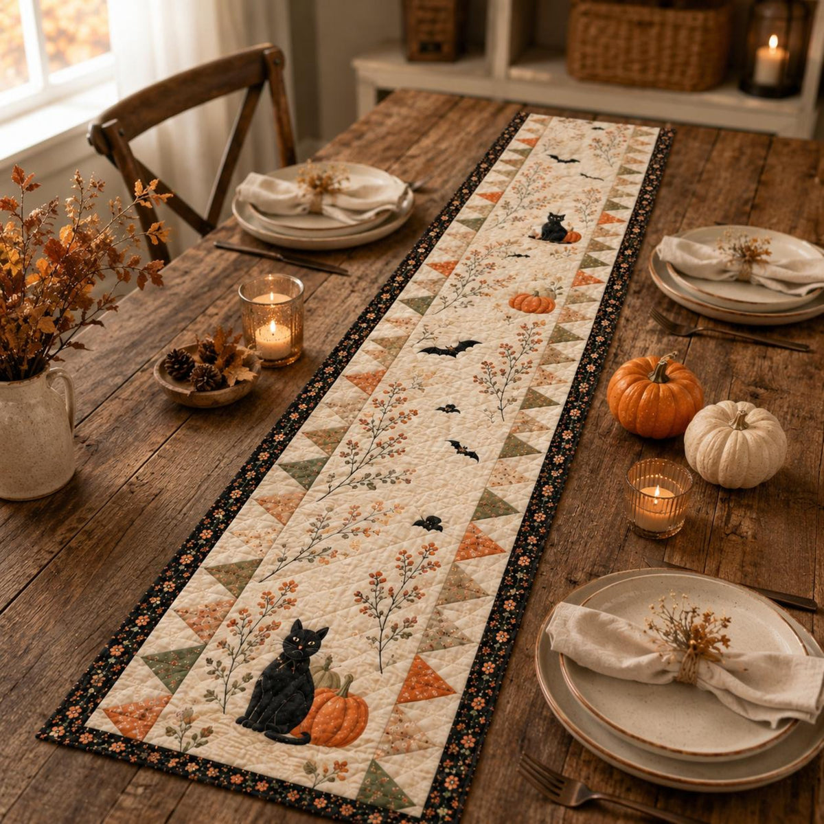 Halloween Quilted Table Runner, Fall Table Runner, Pumpkin Cat Ghost Bat Table Decor, Spooky Autumn Dining Table Runner Halloween Home Decor 100cb7fe-5351-450e-88e2-5bfcd9be83ba-6.jpg