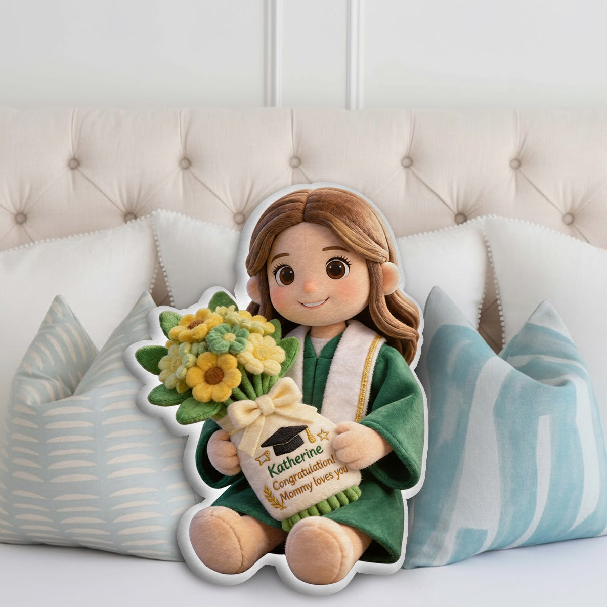 Graduation Gift Doll with Bouquet - Personalized Graduation Faux Fur Shaped Pillow