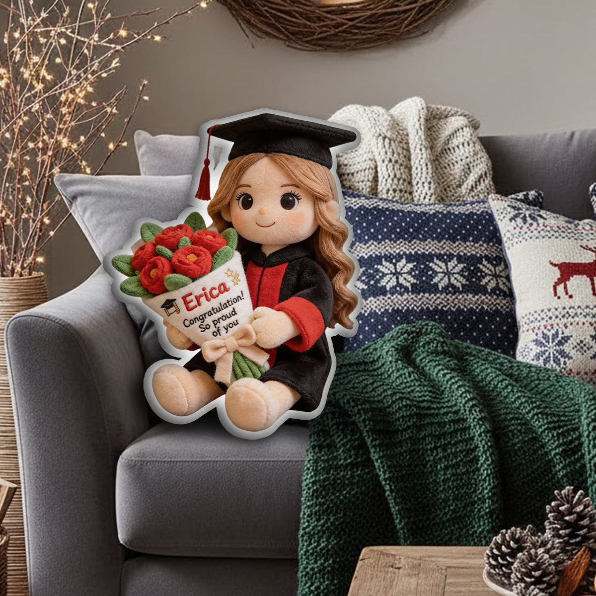 Graduation Gift Doll with Bouquet - Personalized Graduation Faux Fur Shaped Pillow
