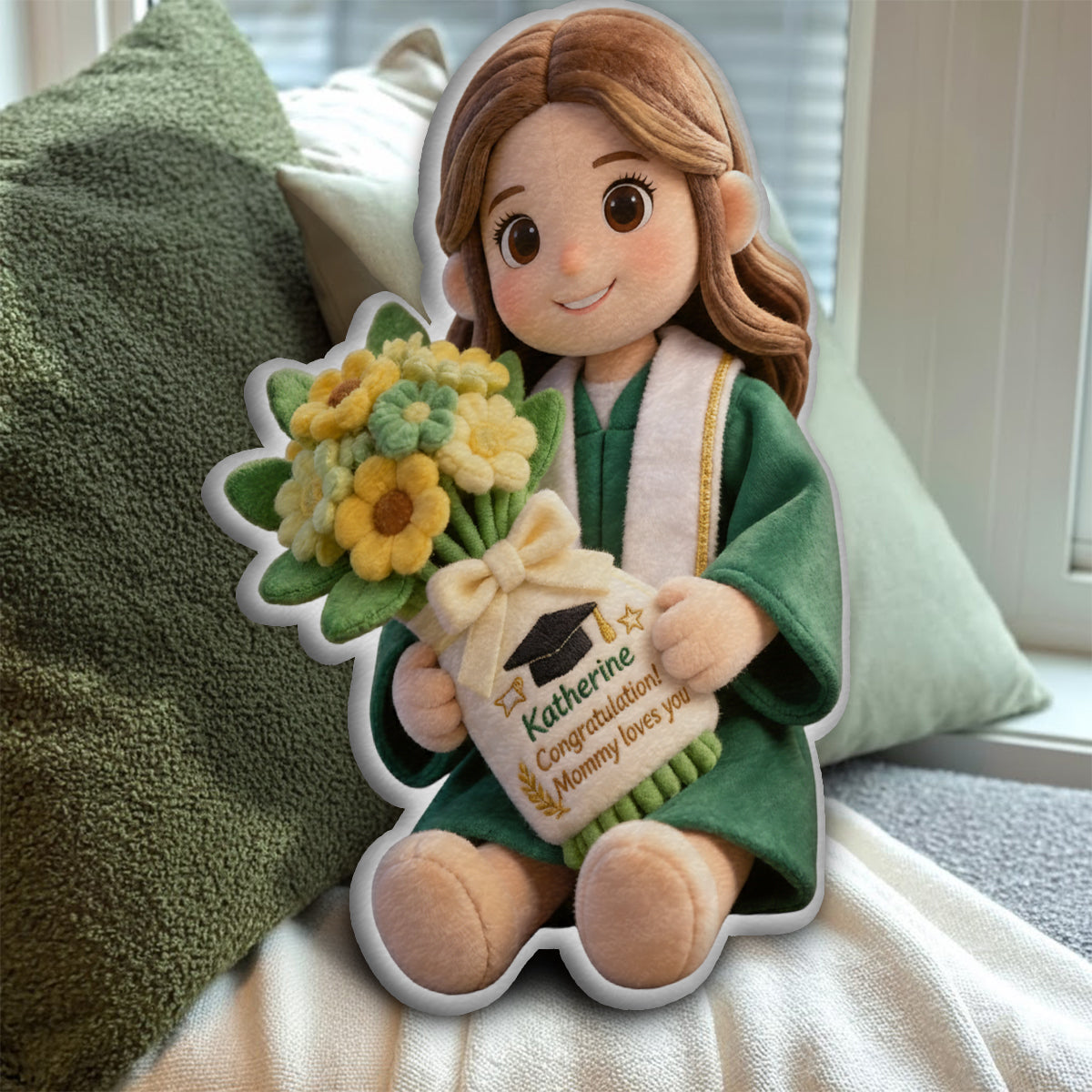 Graduation Gift Doll with Bouquet - Personalized Graduation Faux Fur Shaped Pillow