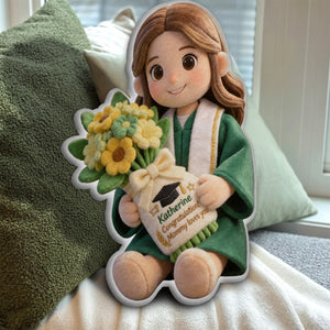 Graduation Gift Doll with Bouquet - Personalized Graduation Faux Fur Shaped Pillow