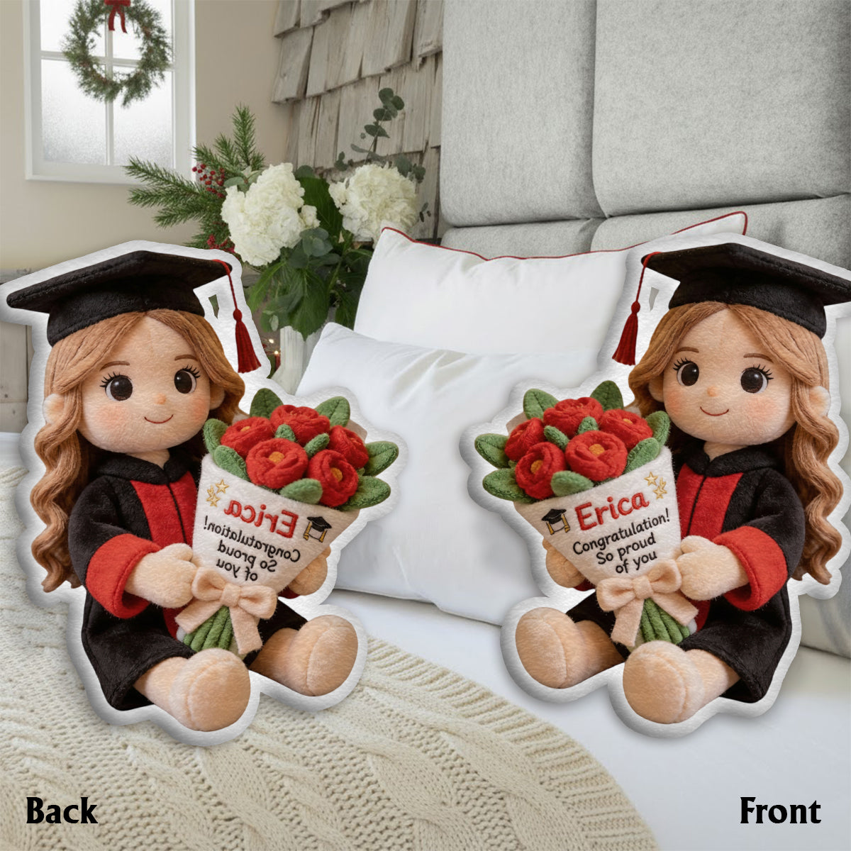 Graduation Gift Doll with Bouquet - Personalized Graduation Faux Fur Shaped Pillow