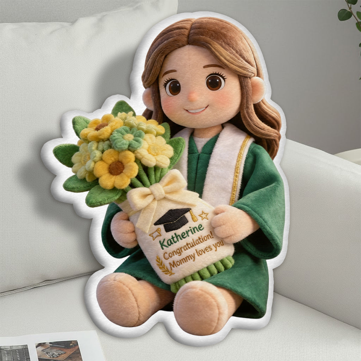 Graduation Gift Doll with Bouquet - Personalized Graduation Faux Fur Shaped Pillow