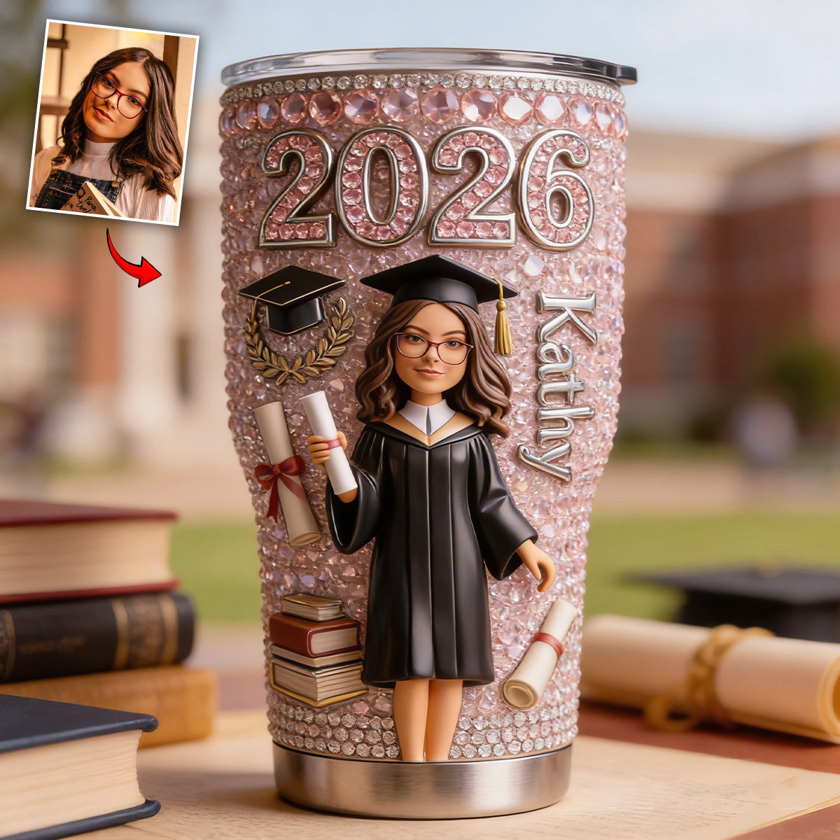 Personalized Glitter Graduation Cup with Mini Graduate Figurine - Personalized Tumbler