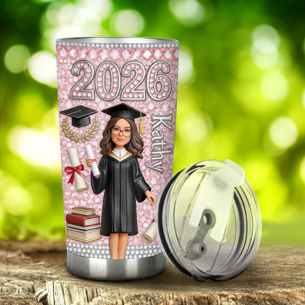 Personalized Glitter Graduation Cup with Mini Graduate Figurine - Personalized Tumbler