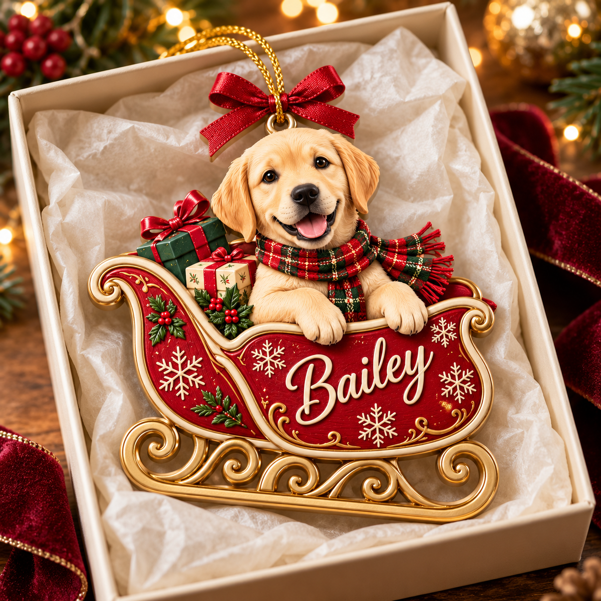 Personalized Dog Christmas Ornament – Custom Pet Photo & Name, 3D Relief Santa Sleigh Ornament, Christmas Gift for Dog Lovers 1068c5db-c6d5-4d37-9a09-2c108a607586-Bailey-Puppy-Sleigh-Ornament-in-Gift-Box-3.png