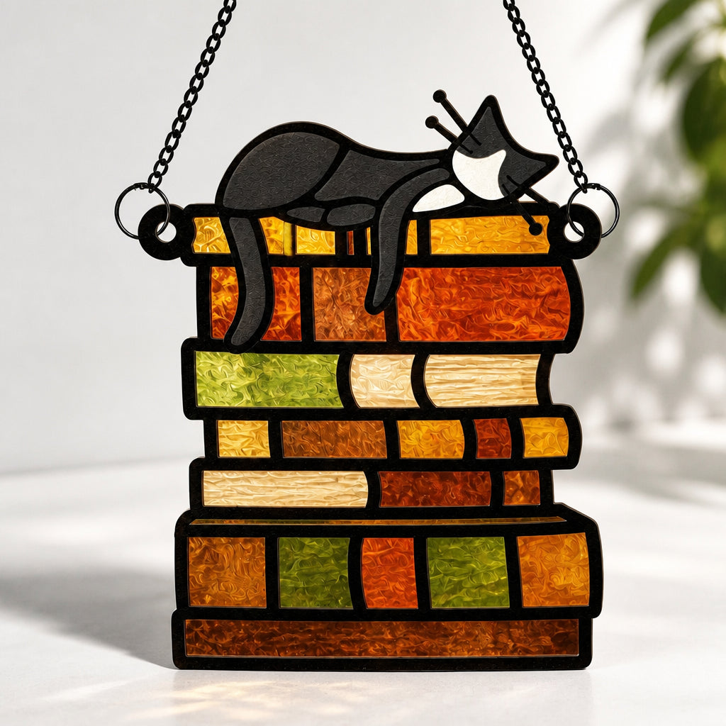 Cat Nap on Books Stained Glass Suncatcher - Suncatcher Stained Glass 1092b34d-427d-4feb-b754-ad58d60243d0.jpg