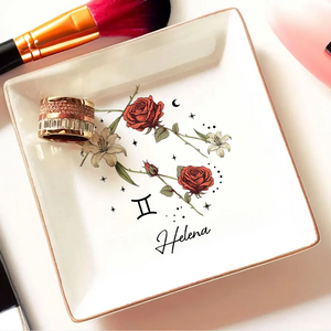 Zodiac Sign Birth Month Flower - Personalized Jewelry Plate - Gift For Mother, Daughter, Sister, Family
