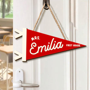 Personalized Teacher Pennant Flag Door Sign, Custom Teacher Name And Grade Sign, Back To School Gift, Teacher Gift, Class Welcome Sign