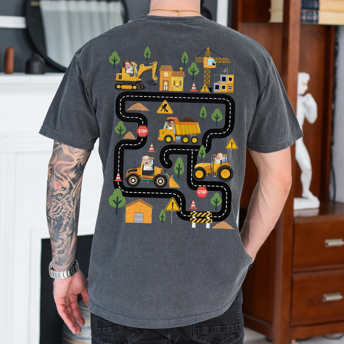Personalized Tired Dad Club Construction Car Road Map Shirt, Custom Kids Face Dad Shirt, Gift For Dad From Son, Fathers Day Gift for Husband