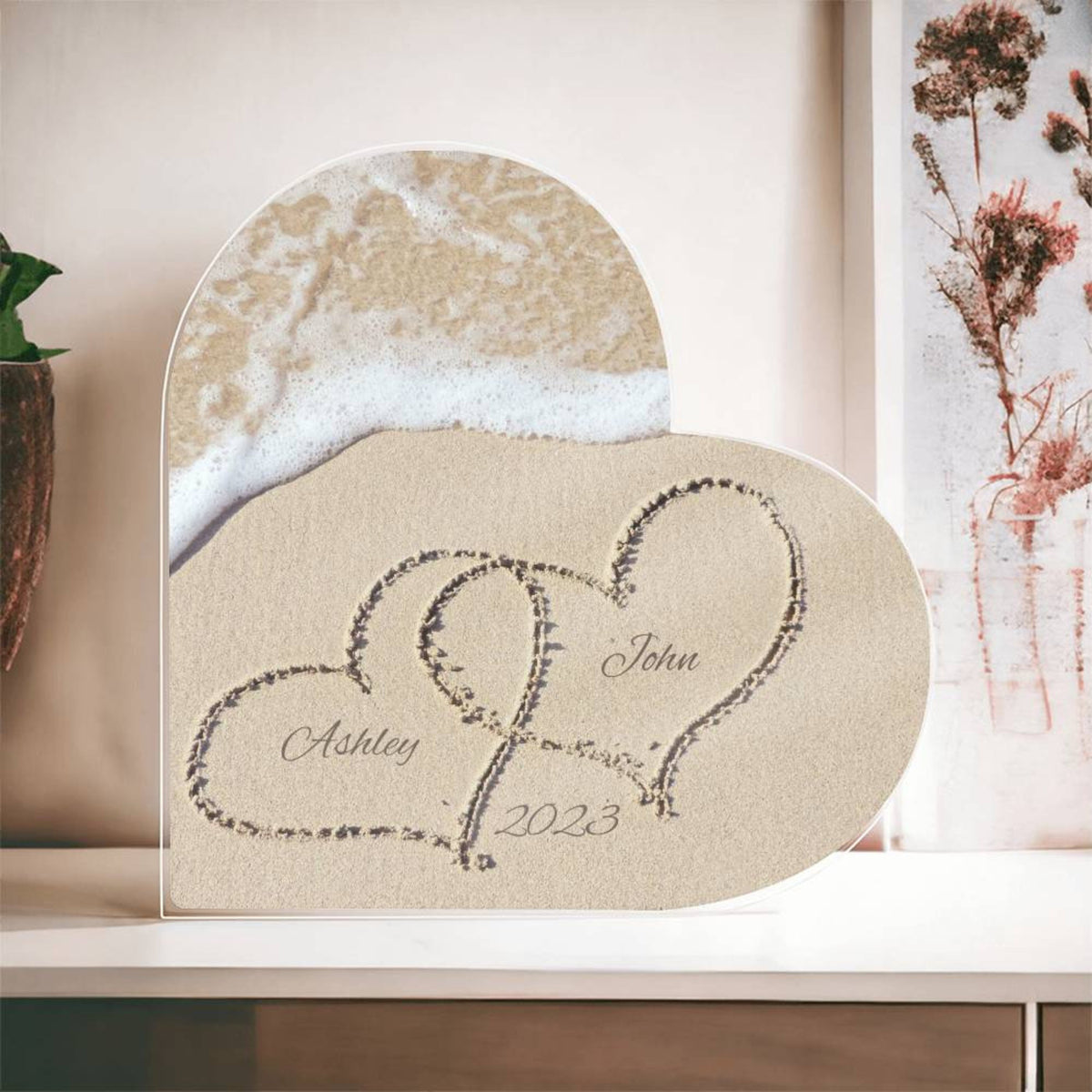 Name in the Sand, Beach Art, Beach Valentine, Beach Wedding Gift, Heart Plaque, Wedding Keepsake, Couple Gift
