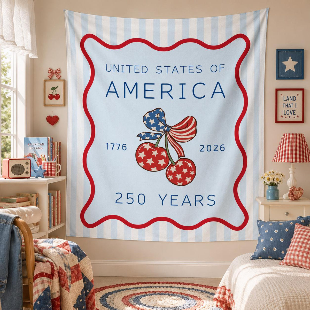 America 250th Anniversary Tapestry, USA Wall Hanging,Patriotic 4th Of July Backdrop, Coastal Americana Porch Banner, Summer Party Gift Decor