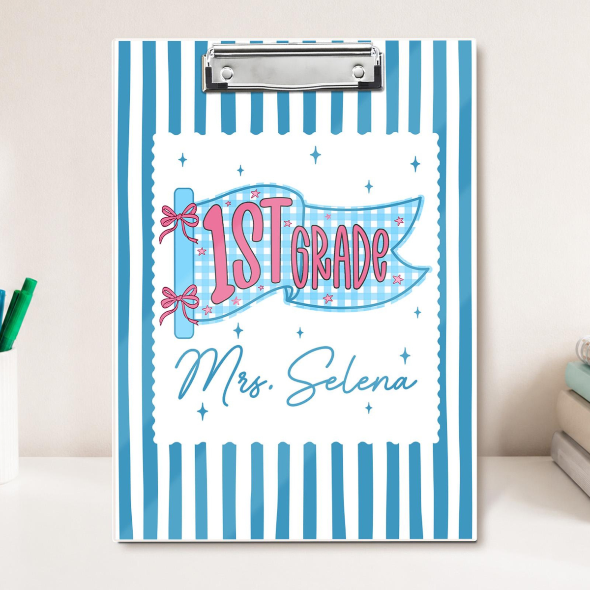 Custom Teacher Pennants Flag Teacher Clipboard: Striped Acrylic Clipboard With Teacher Name, Back to School Gifts, Teacher Appreciation Gift