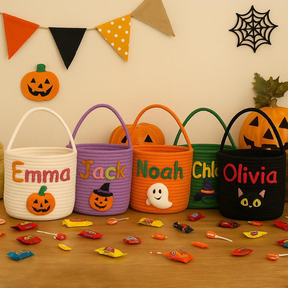 Custom Halloween Candy Basket Name Embroidery, Trick or Treat Tote Bag, Kids Pumpkin Bucket, Soft Rope Halloween Decor Bag, Halloween Gifts