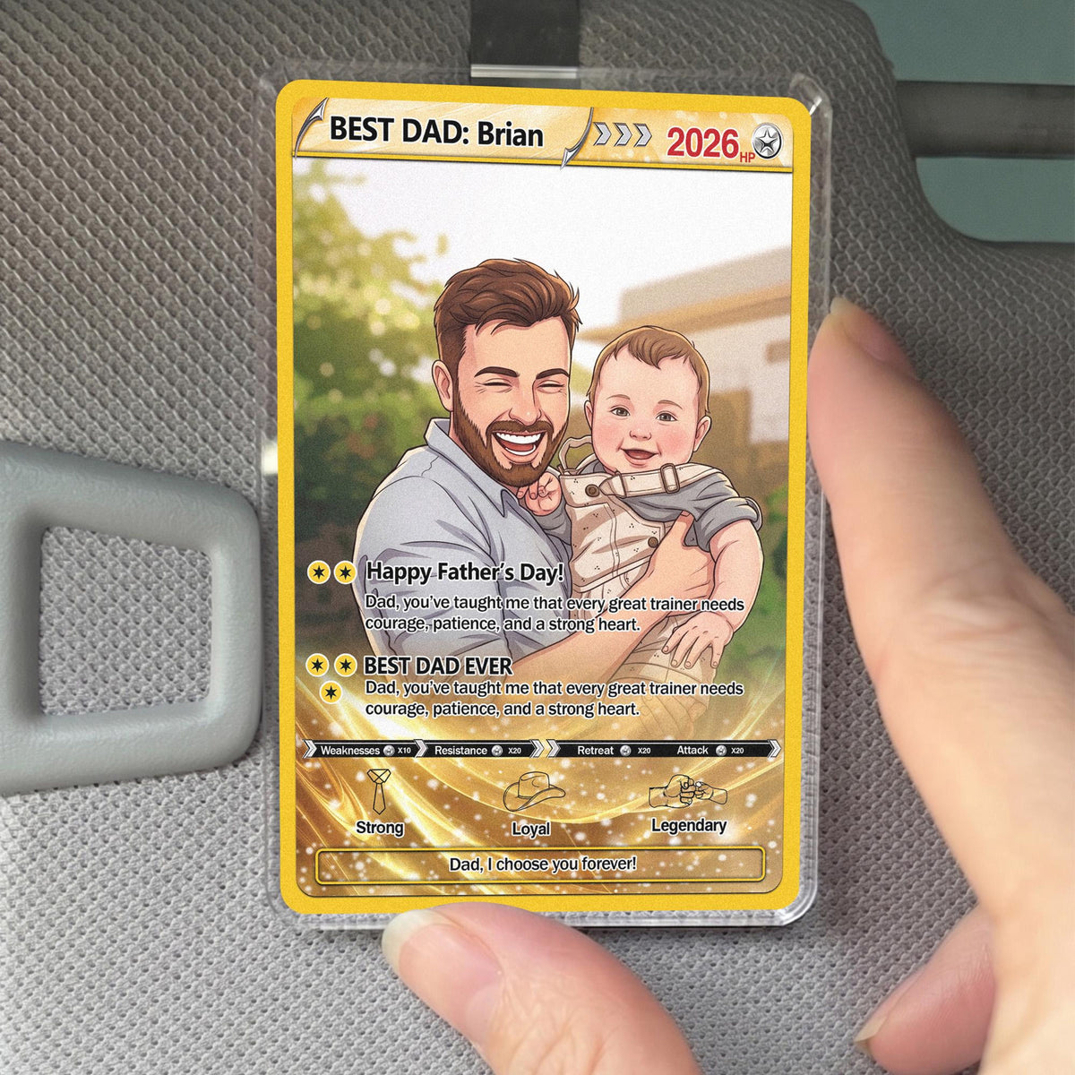 Custom Poke Card Father's Day Car Visor For Dad, Personalized Trading Card Style Car Visor Picture Holder, Dad And Kid Portrait Car Visor Clip
