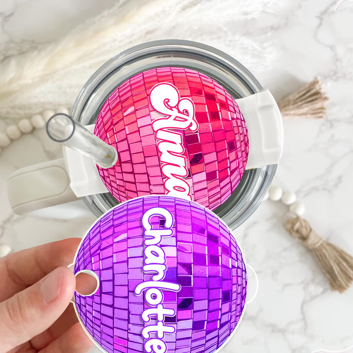 Personalized Disco Ball Tumbler Name Tag, Tumbler Plate Topper, Custom Name Tumbler Tag For Her