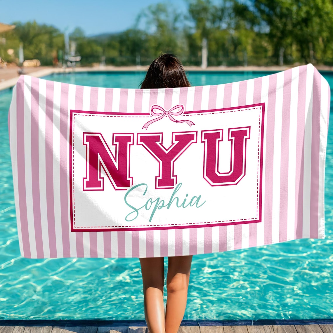 Personalized Coquette School Striped Beach Towel: College University Pride Spirit Gift, High School Graduation Gift, Class Of 2026 Gift
