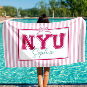 Personalized Coquette School Striped Beach Towel: College University Pride Spirit Gift, High School Graduation Gift, Class Of 2026 Gift