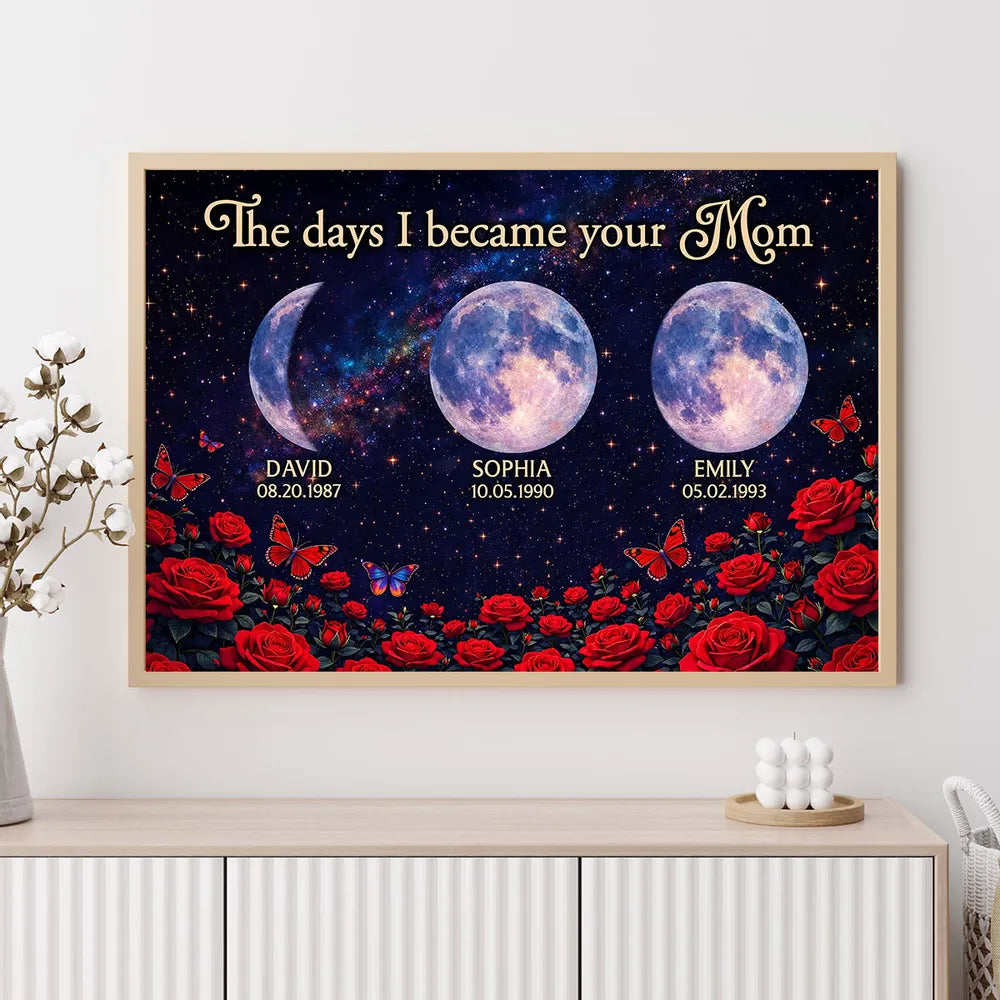 Roses The Day You Became Mom Grandma Custom Birth Moon Phase - Personalized Canvas - Mother's Day Gift For Mom, Grandma