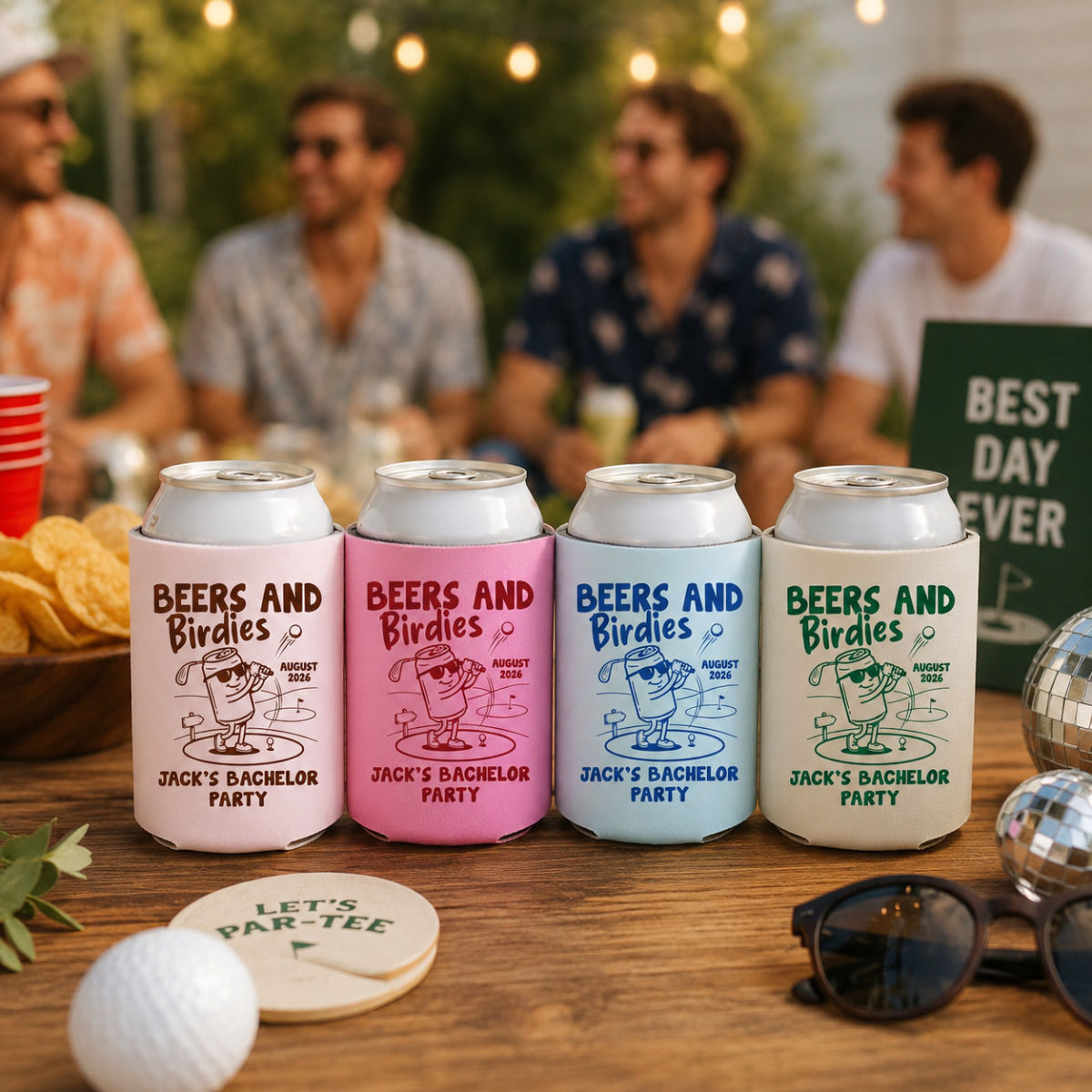 Beers and Birdies Can Cooler, Golf Party Favor, Custom Name Drink Sleeve, Golf Theme Gift, Groomsmen Party Favor, Bachelor Trip Gift
