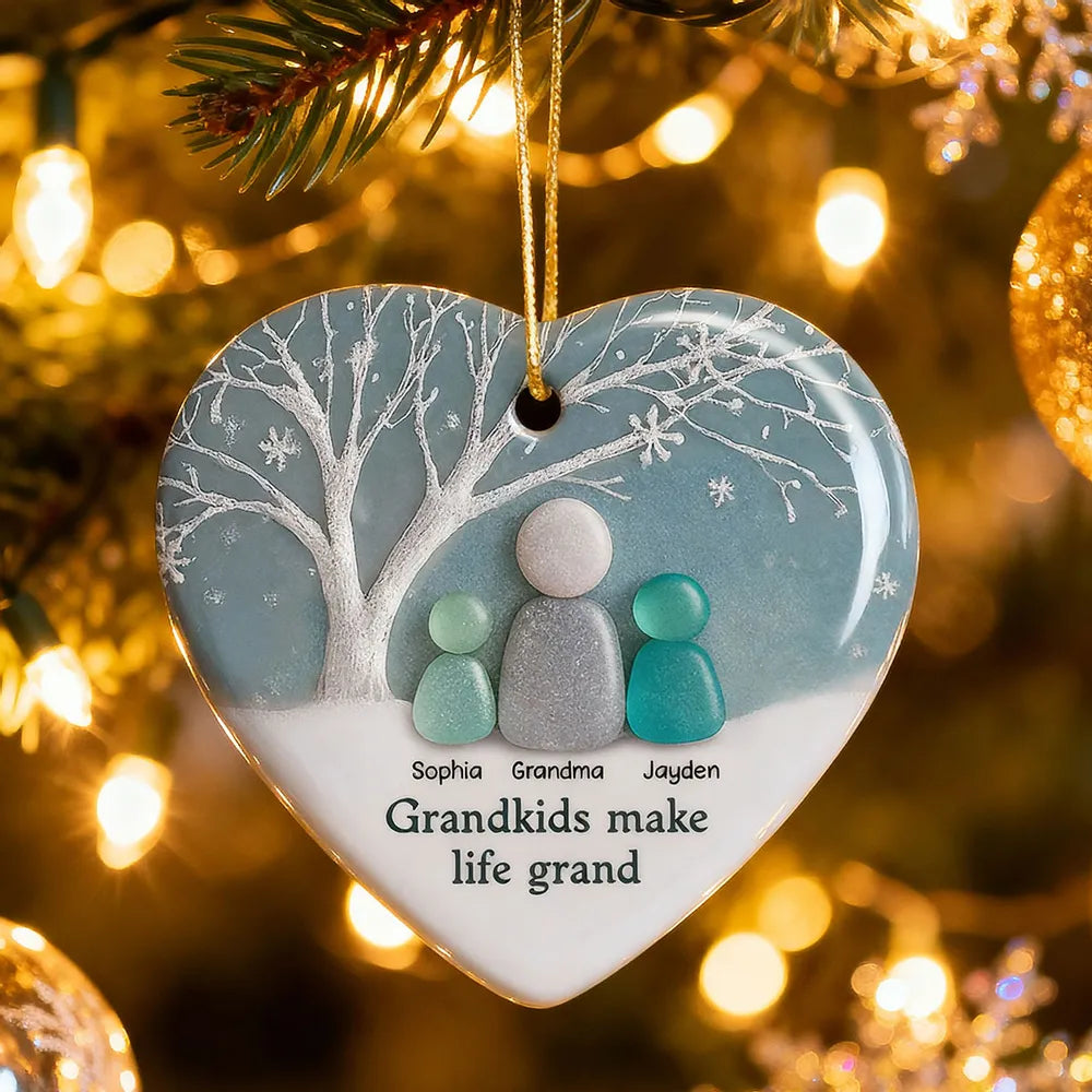 2D Sea Glass Effect Grandma & Grandkids - Personalized Ceramic Ornament - Christmas Gift For Grandchildren, Grandma