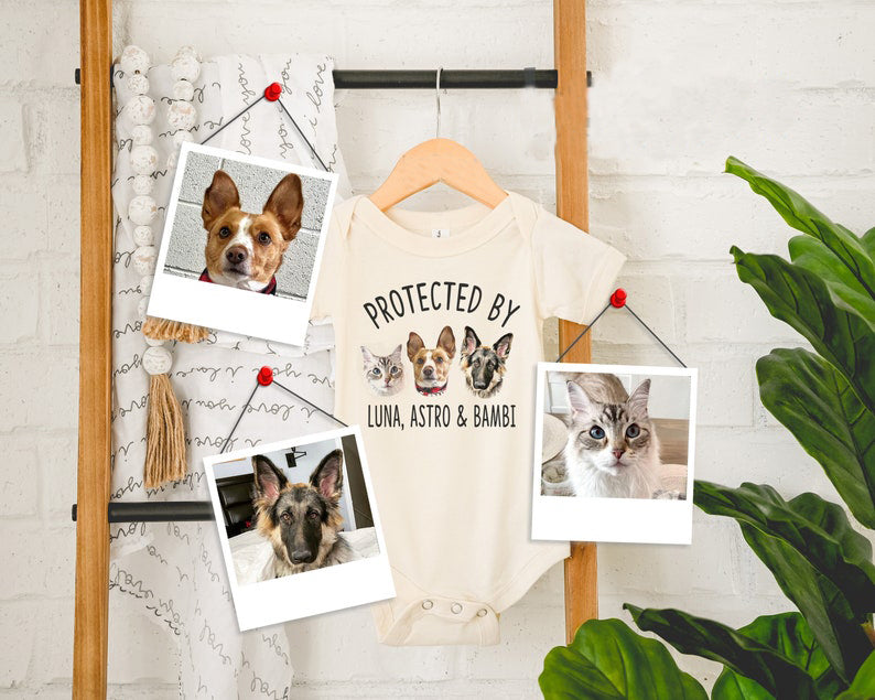Custom Protected by Pets , Upload Photo Dogs and Cats, Personalized Baby Shower Gift, Baby Girl, Baby Boy Bodysuit