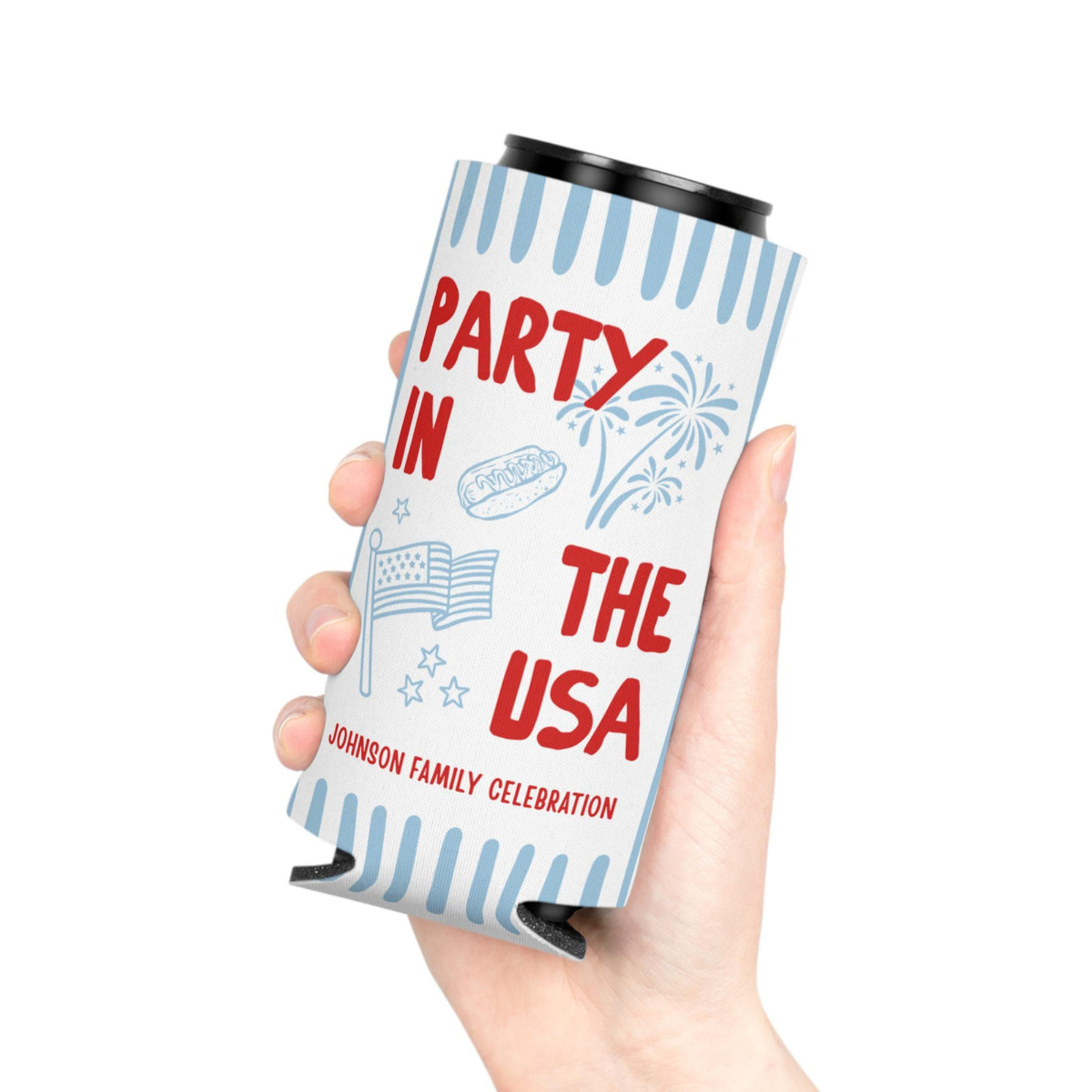 Custom Party in the USA Can Cozie, Personalized 4th of July Family BBQ Party Favor, Patriotic USA 250 Drink Sleeve