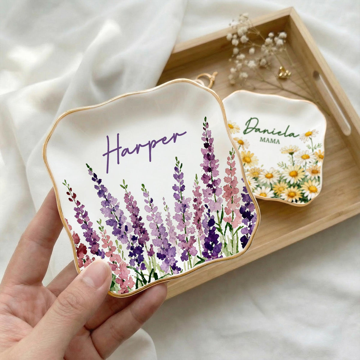 Personalized Birth Flower Trinket Dish, Custom Watercolor Flower Ring Dish, Mother's Day Gift, Wedding Bridesmaid Gift, Birthday Jewelry Dish
