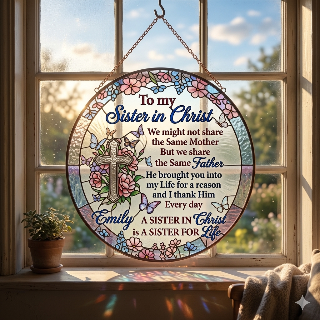 To My Sister In Christ, Personalized Suncatcher Stained Glass, Gift For Soul Sister, Christian Gift