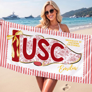 Personalized School Spirit Beach Towel: Coquette College Pennant Flag Towel, Grandmillennial Striped Towel, Sorority Girls Graduation Gift