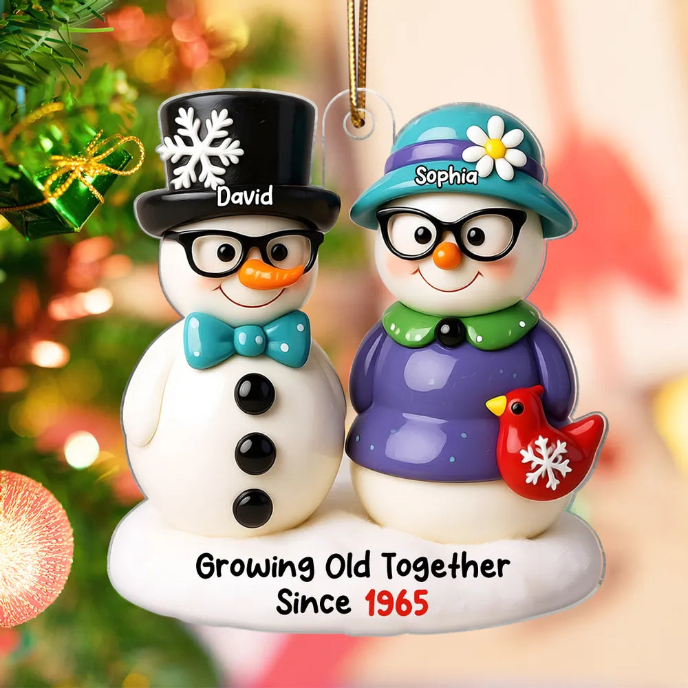 Snowman Couple Growing Old Together Personalized Acrylic Ornament, 3D Effect Ornament for Couple