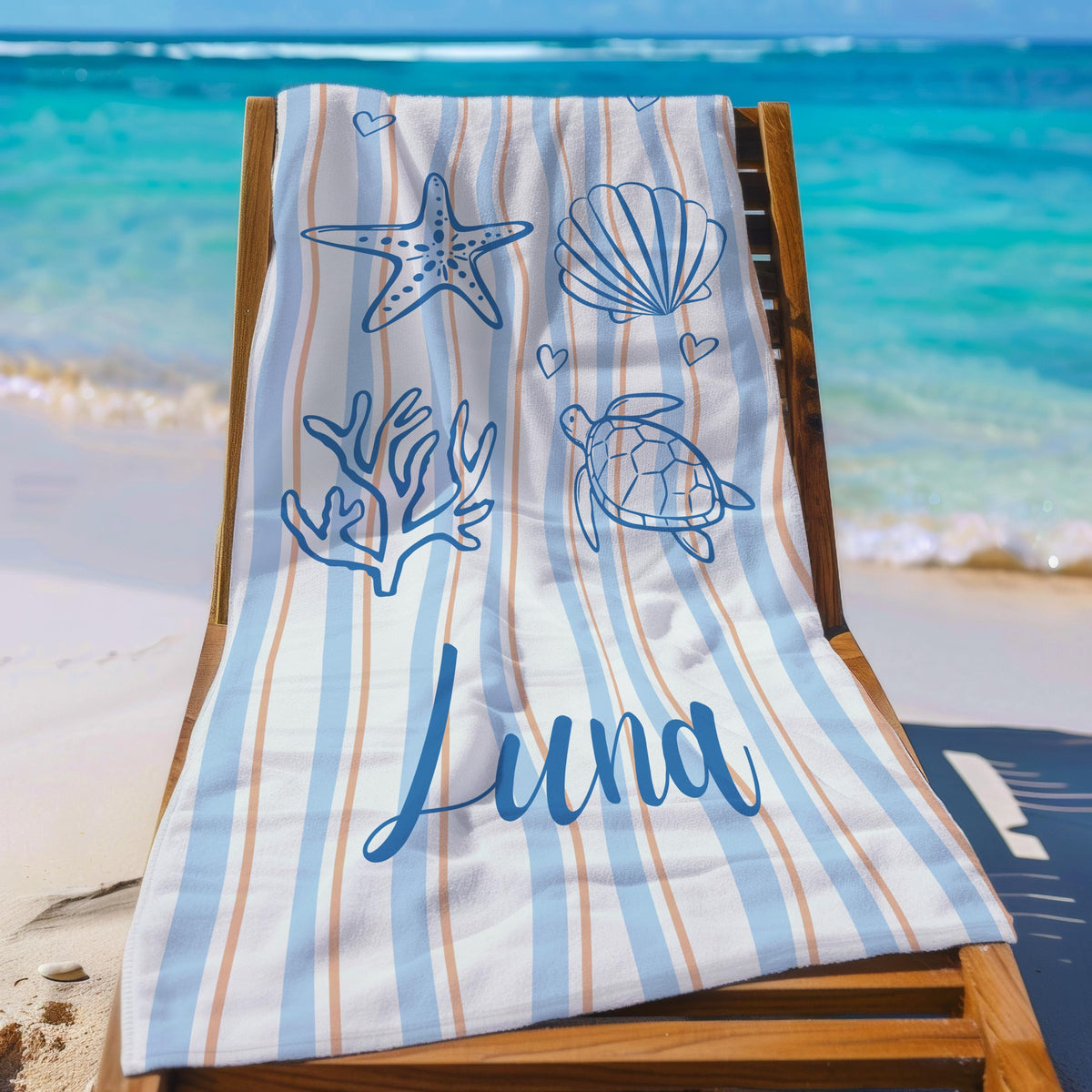Personalized Shell & Sea Turtle Beach Towel, Custom Name Summer Beach Blanket, Spa, Pool, Travel, Fun Ocean Gift