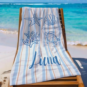 Personalized Shell & Sea Turtle Beach Towel, Custom Name Summer Beach Blanket, Spa, Pool, Travel, Fun Ocean Gift