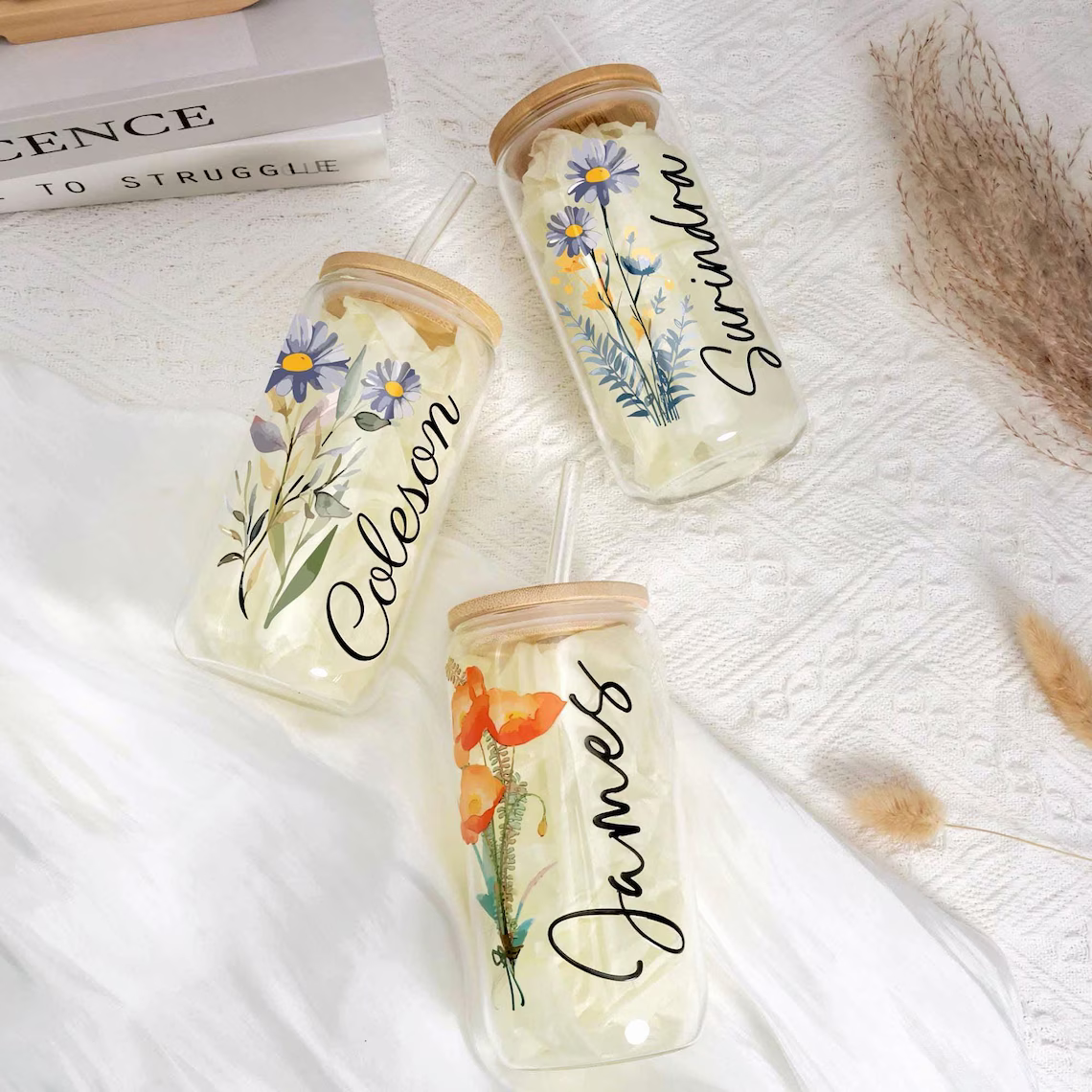 Custom Birth Flower Iced Coffee Tumbler, Personalized Floral Can Glass, Birthday Gift For Her